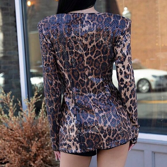 Brown Sexy Women's leopard Print Sequin Blazer Jacket - Picture 4 of 6